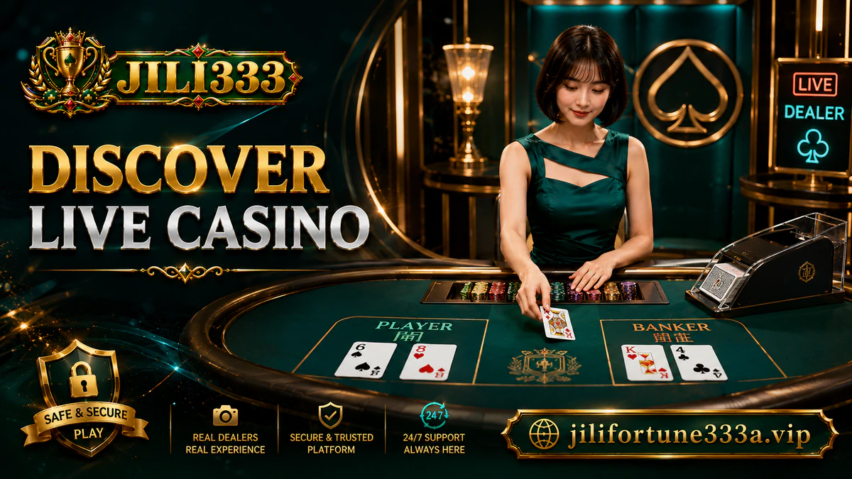 JILI333 online casino live table with a dealer, green felt, cards, chips and warm gold framing